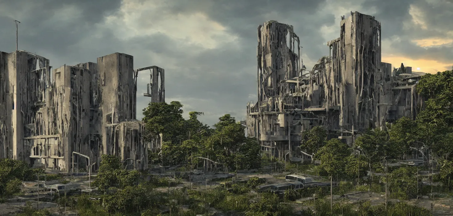 Prompt: an extremely detailed cathedral of brutalist architecture by Le Corbusier, surrounded by lush green vegetation, stunning volumetric lighting, sunset, rusted metal, concrete, translucent material, stunning skies, scattered rubbish and debris, 8k, photorealistic, hyper detailed, unreal engine 5, IMAX quality, cinematic, epic lighting, digital painting in the style of DOOM and Quake, by Greg Rutkowski, trending on Artstation