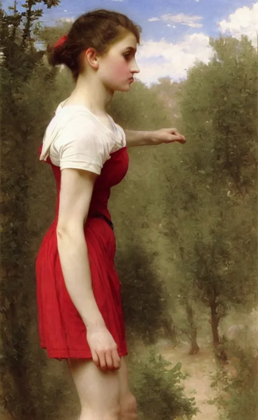 Image similar to portrait of athletic girl, red and white dress, hd, realistic, bouguereau