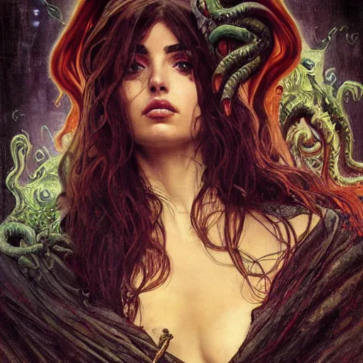 Image similar to half length portrait of ana de armas as a warlock using cthulhu magic, d & d, medieval, fantasy, royo, klimt, miro, vallejo, frazetta, alphonse mucha, greg rutkowski, whealan