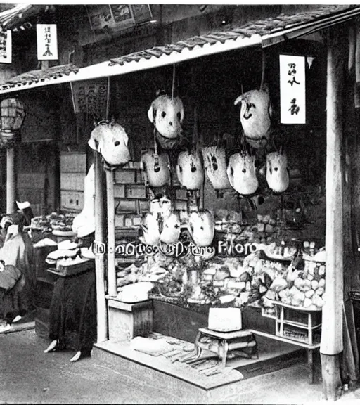 Prompt: 1 8 th century japanese street market in kyoto 1 9 0 0 s early photography historical photo portrait anthro anthropomorphic fox head animal person fursona wearing clothes street trader