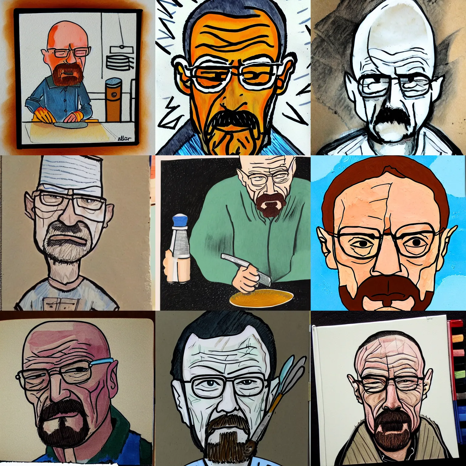 Prompt: art brut painting of walter white cooking meth, found doodled in a sketchbook