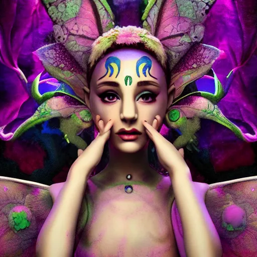 Image similar to Portrait of salvia trip faerie goddess Ariana Grande. Claymation. intricate abstract. intricate artwork. nightmare fuel. by Dave McKean. octane render, trending on artstation, greg rutkowski very coherent symmetrical artwork. cinematic, hyper realism, high detail, octane render, 8k, iridescent accents