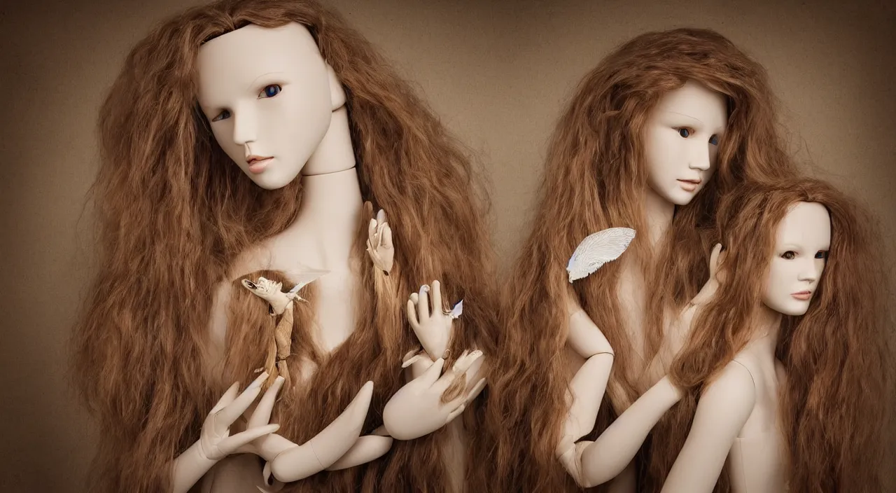 Image similar to head and shoulders portrait of a beautiful female mannequin, jointed wooden dolls with long flowing hair, holding each other, holding a large moth in her hands, moths, by Nina Masic by Flora Borsi