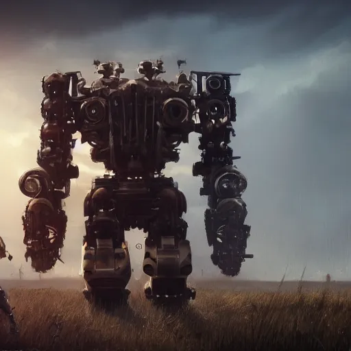 Prompt: a walking mechanical goliath with alot of guns moving through an open field, au naturel, hyper detailed, digital art, trending in artstation, cinematic lighting, studio quality, smooth render, unreal engine 5 rendered, octane rendered, art style by klimt and nixeu and ian sprigger and wlop and krenz cushart