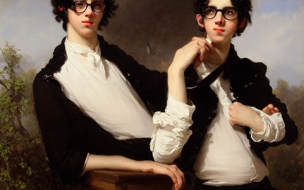 Prompt: a beautiful full body portrait of one skinny teen boy with short black hair and glasses, black shirt, silver necklace, art by franz xaver winterhalter, highly detailed, elegant, jewlery, romanticism, rococo, neoclassicism, 1 8 5 0 s style painting, oil on canvas, vivid