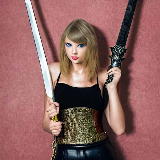 Prompt: taylor swift posing holding excalibur sword, high quality studio photograph