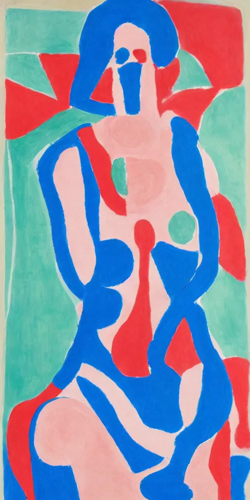 Prompt: portrait of someone who has chest pains, they are coughing, clogged, they have fear, pain, burning, in the style of Matisse and a red and cerulean blue theme