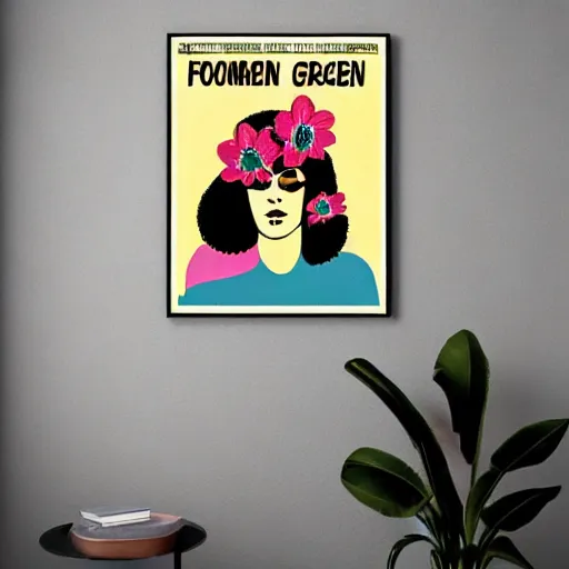 Image similar to 70s graphic design poster with a woman’s face, flower child, groovy, retro, hippie