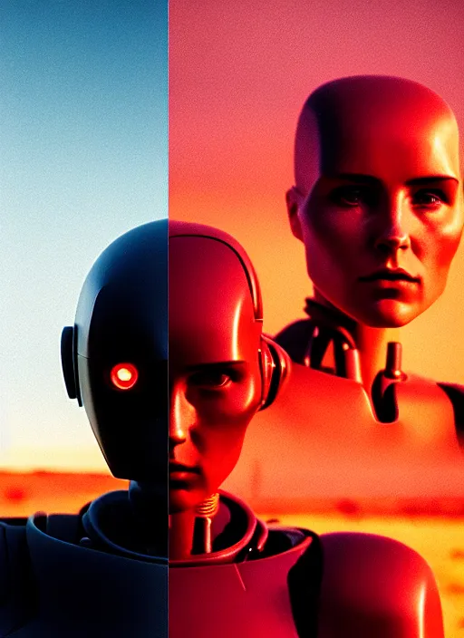 Image similar to cinestill 5 0 d photographic portrait of two loving female androids wearing rugged black techwear on a desolate plain with a red sky, showing some skin, extreme closeup, modern cyberpunk, dust storm, 8 k, hd, high resolution, 3 5 mm, f / 3 2, ultra realistic faces, ex machina, blade runner