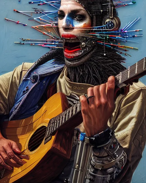 Image similar to a portrait of an anthropomorphic cyberpunk bald eagle screeching while strumming an acoustic guitar by sandra chevrier, by jon foster, detailed render, tape deck, epic composition, cybernetics, 4 k realistic, cryengine, realistic shaded lighting, sharp focus, masterpiece, by enki bilal