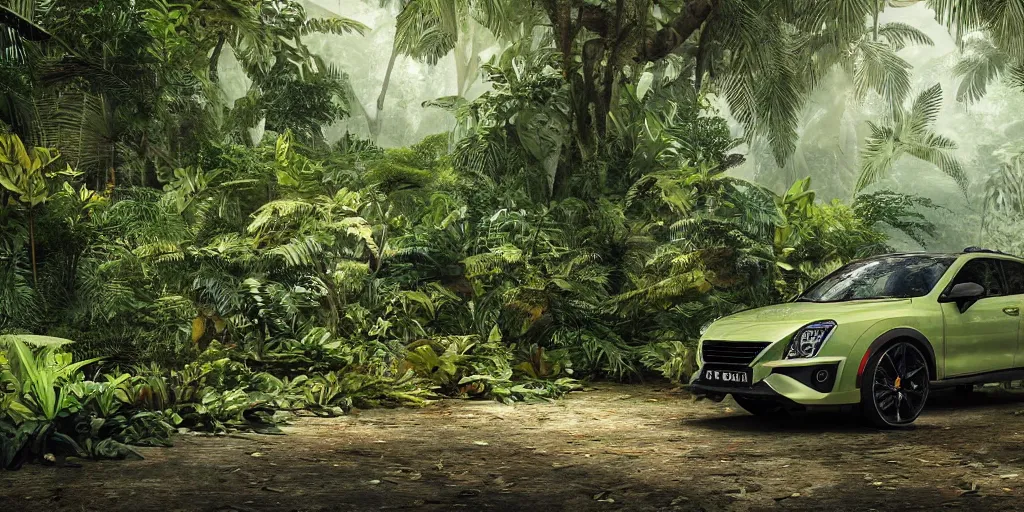 Prompt: Amazonian jungle with tropical plants and leaves falling from tree and a Cupra car placed in the center of the frame , unreal 5, hyperrealistic, realistic, photorealistic, dynamic lighting, highly detailed, cinematic landscape, studio landscape, studio lighting