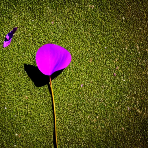 Prompt: closeup photo of 1 lone purple petal flying above a city park, aerial view, shallow depth of field, cinematic, 8 0 mm, f 1. 8