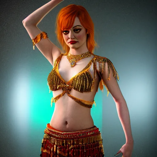 Image similar to a photorealistic portrait of actress emma stone dressed as a belly dancer, arabian night, volumetric lightening, octane render, high quality, fully detailed, 4 k, in focus sharp face with fine details, her hands by albrecht durer, inspired by belly dancer on youtube, alphonse mucha, masterpiece, stunning