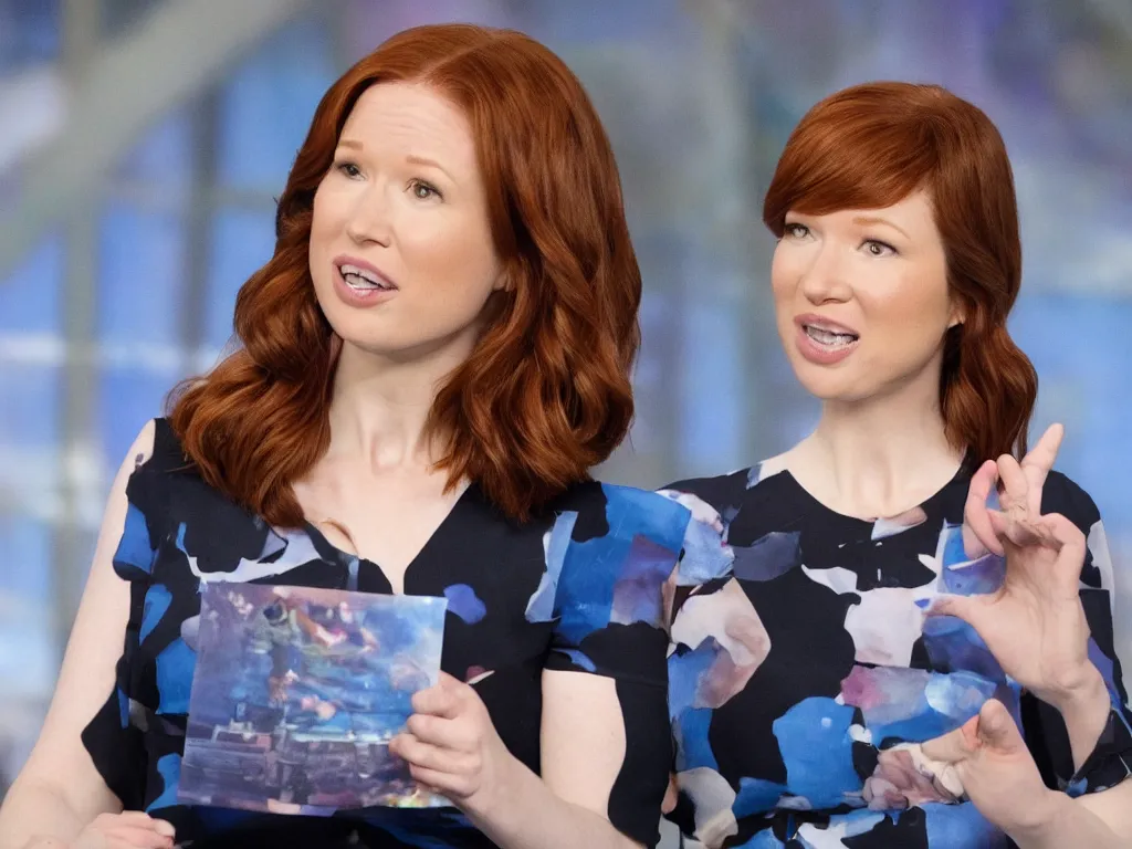 Image similar to realistic tabloid photo of Ellie Kemper trying to explain she's not Nebula