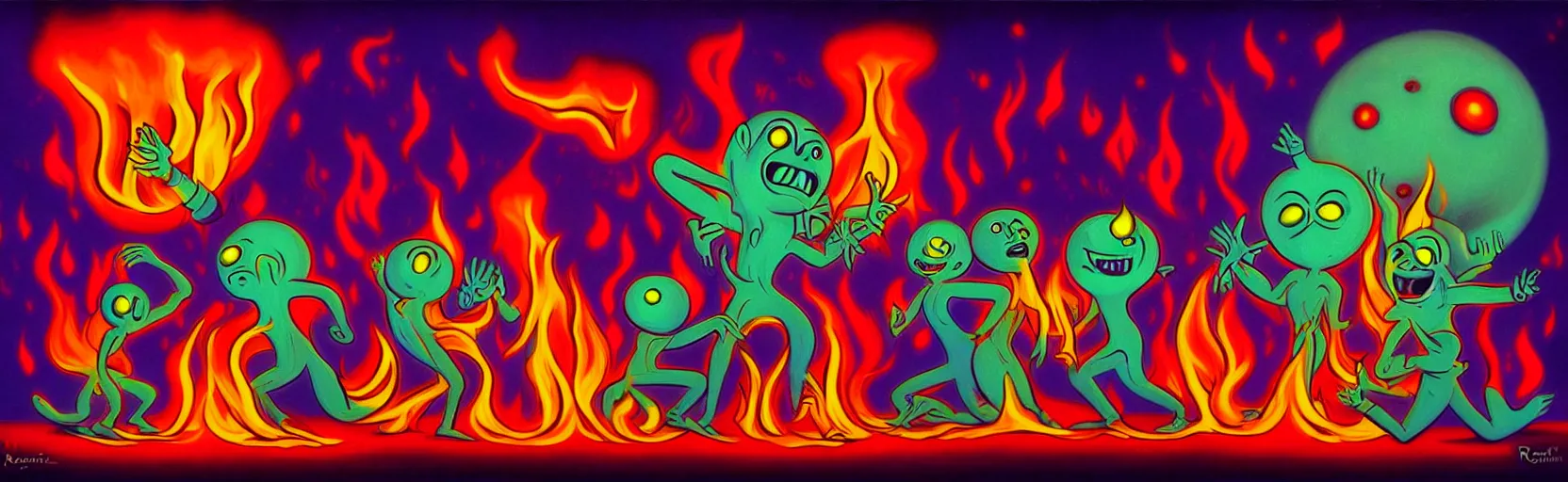 Image similar to uncanny repressed mutants from the depths of a festive imaginal realm in the collective unconscious, dramatic fire glow lighting, surreal dark 1 9 3 0 s fleischer cartoon characters, surreal painting by ronny khalil