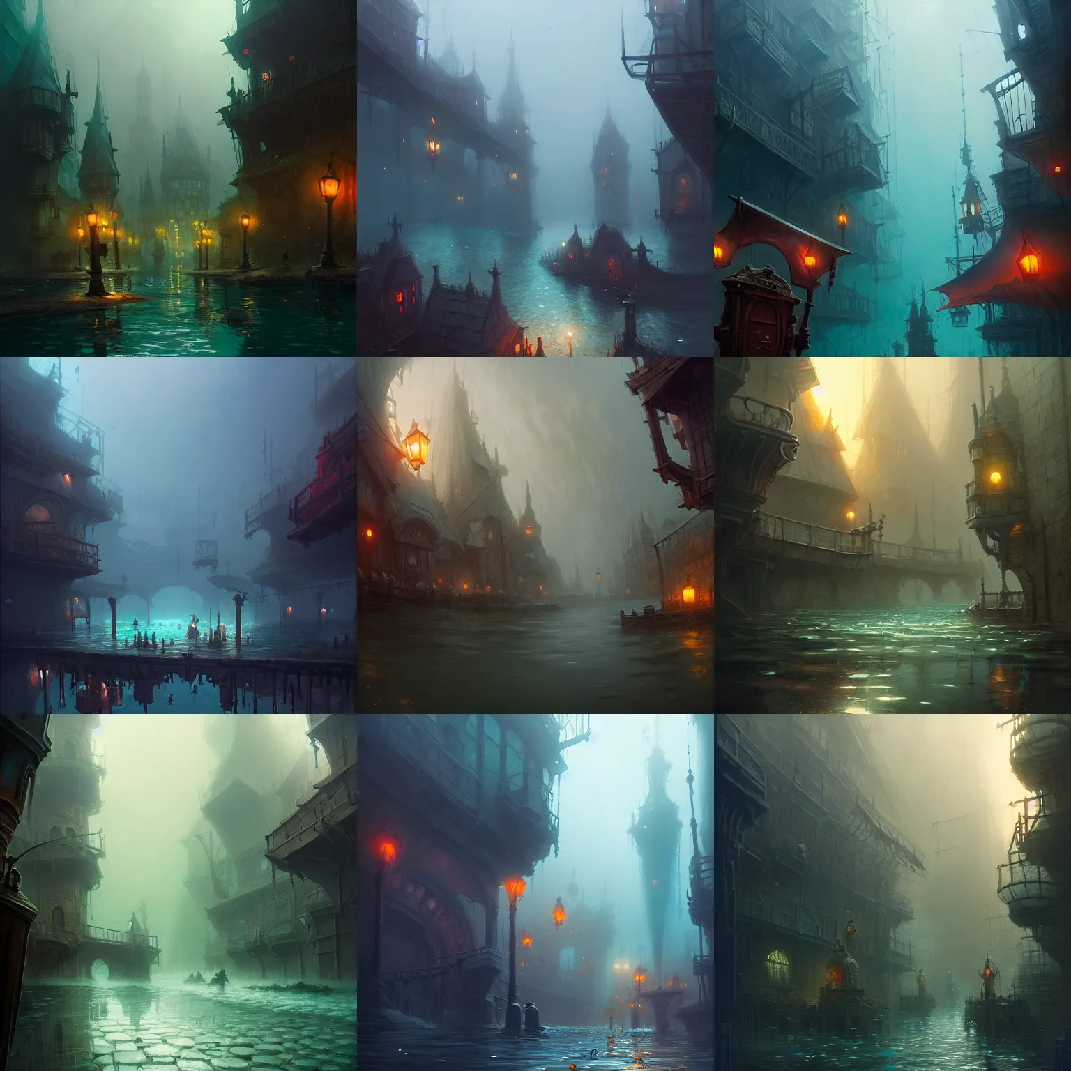 Prompt: middle age city underwater, high details, moody, wide shot, andreas rocha, marc simonetti, cgsociety