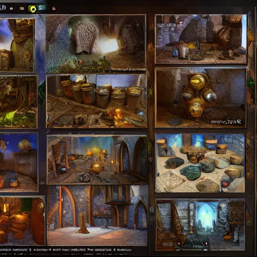 Image similar to unreal engine, tony sart, table, map, wizards laboratory, mortar, pestle, scales, magic book, beaker, energy