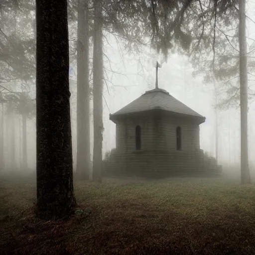 Image similar to orthodox abandoned temple in the woods, dark, moody, foggy by Marc Simonetti and Sean Yoro