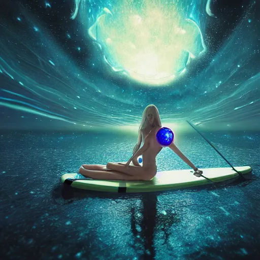 Image similar to bikini anime girl bioluminescent paddleboarding through deep space by highway man painting, stars, galaxies, photorealistic, high resolution, vray, hdr, hyper detailed, insane details, intricate, elite, ornate, elegant, luxury, dramatic lighting, octane render, weta digital, micro details, 3 d sculpture