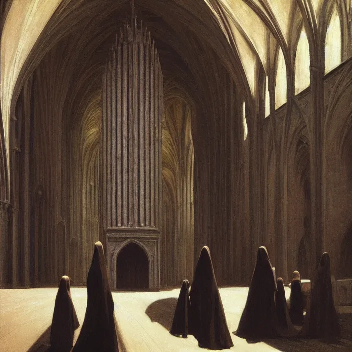 Prompt: woman in black robes, back to us, in magnificent cathedral like structure that sell fruit, artstation, art by edward hopper, zdislav beksinski, wayne barlowe, edward hopper