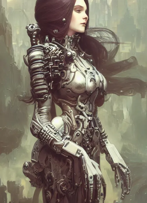 Image similar to portrait of beautiful pale gothic maiden, warhammer 40000, cyberpunk, intricate, elegant, highly detailed, digital painting, artstation, concept art, smooth, sharp focus, illustration, art by artgerm and greg rutkowski and alphonse mucha and Gustav Klimt and Ilya Kuvshinov