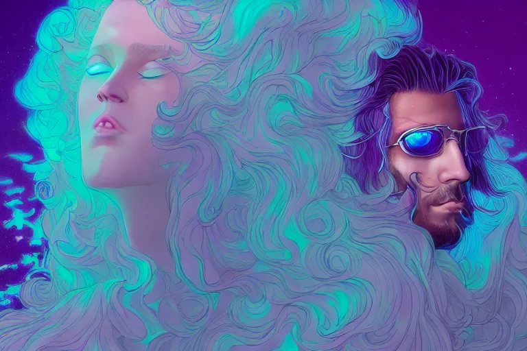 Prompt: cell shaded, muted vaporwave ombre. double exposure, druid of creativity, flowing hair, beautiful character fashion design, by josan gonzalez, shag, nagel, and paul lehr and david heskin and seb mckinnon and jared s. merantz and alex grey, hi - fructose, 8 k, digital matte painting