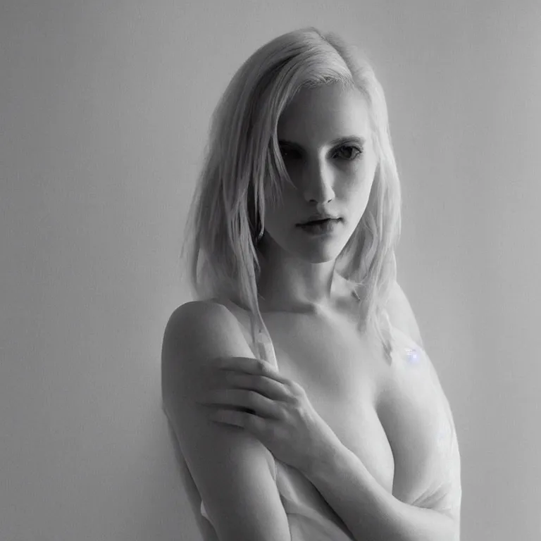 Image similar to cute annie leonhart in a white room, beautiful face, pale skin, rule of thirds, cinematic lighting, rainy weather, melancholy atmosphere, sharp focus, backlit, stunning, model agency, smooth, hard focus, full body shot, instagram photo, shot on iphone 1 3 pro max, hyper realistic,