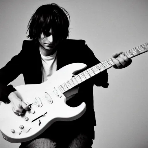 Prompt: Jonny Greenwood playing a guitar in a black and white photo, a black and white photo by Blythe, featured on tumblr, toyism, groovy, psychedelic, ilya kuvshinov