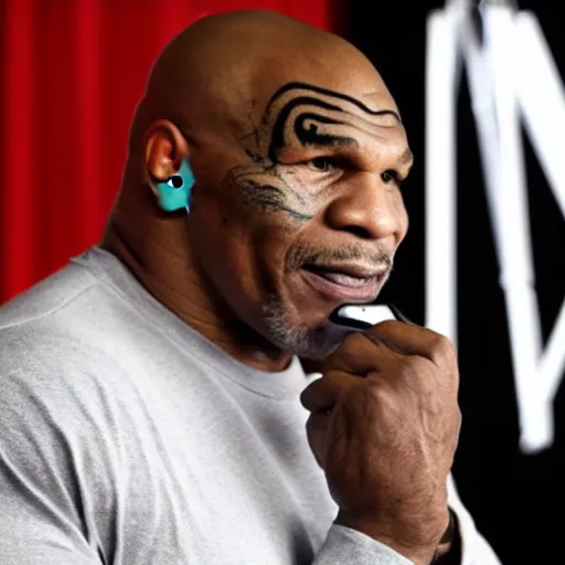 Image similar to this is probably the first time mike tyson is speaking on the phone. and what is he saying? why is he being held hostage and what is his state of mind?