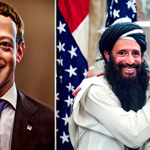 Image similar to 4 k portrait sony a 7 f 2. 8 of mark zuckerberg as a taliban leader hugging us president joe biden as a taliban leader