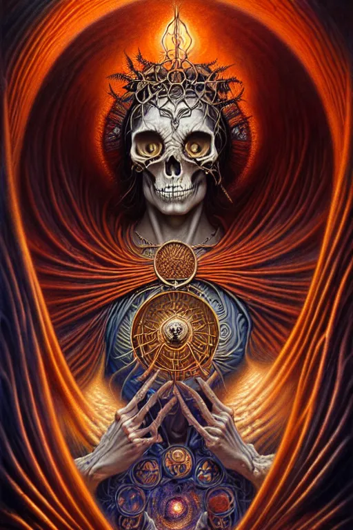 Image similar to A beautiful detailed orixa, tarot card, by tomasz alen kopera and Justin Gerard, symmetrical features, ominous, magical realism, texture, intricate, ornate, royally decorated, skull, skeleton, whirling smoke, embers, red adornements, red torn fabric, radiant colors, fantasy, trending on artstation, volumetric lighting, micro details, 3d sculpture, ray tracing, 8k, anaglyph effect