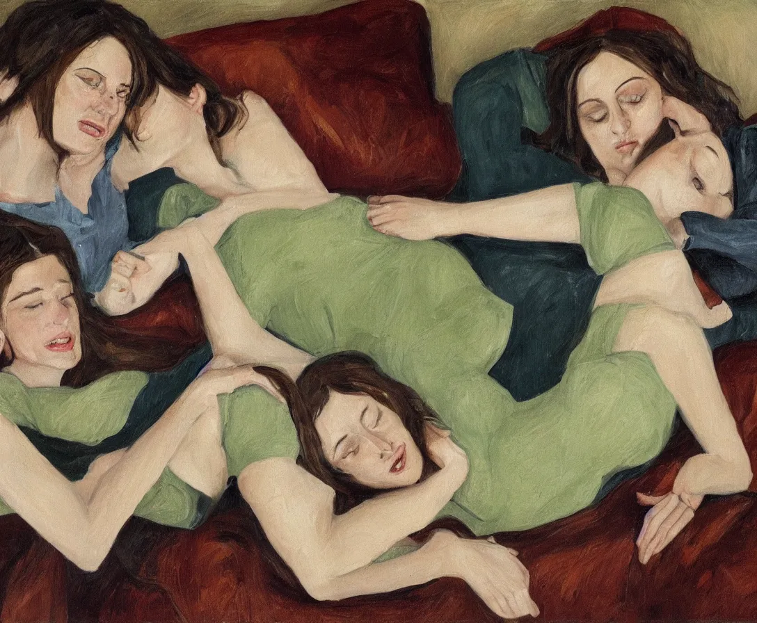 Image similar to portrait of bella and esther lying horizontal cuddling, in an old english apartment on a brown leather sofa. one is wearing a dark blue sweather, the other a white shirt. brown hair, they are looking into the camera. close up. in the style of lucien freud. oil painting. green mood. smiling