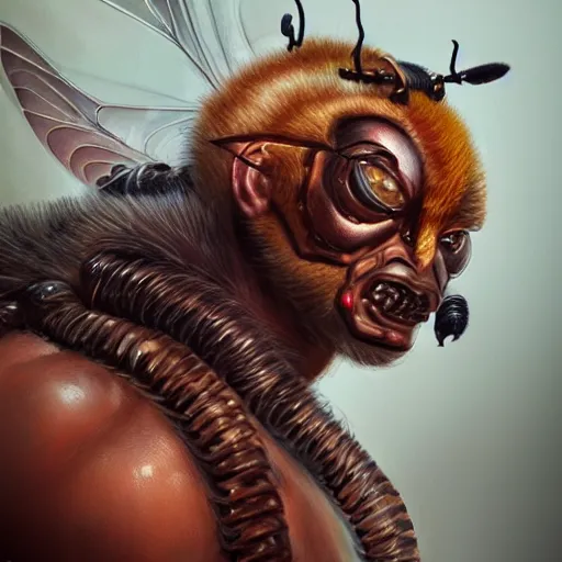 Image similar to portrait of a bee, muscular, wild, D&D, fantasy, intricate, cinematic lighting, highly detailed, digital painting, artstation, concept art, smooth, sharp focus, illustration, art by Hajime Sorayama