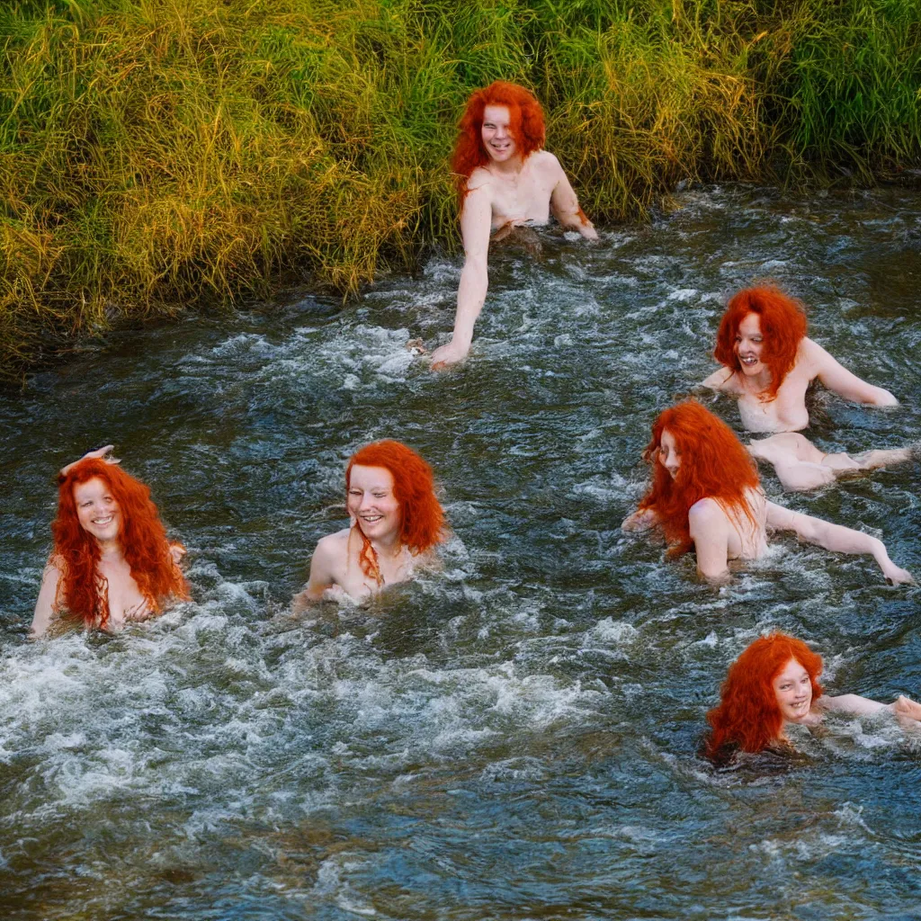 Image similar to lovely 7 0's 1 6 mm photograph of two long haired redhead women having fun swimming in a creek, golden hour, soft light, sun reflecting off of the water, 4 k