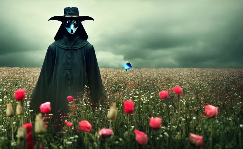 Prompt: a extremely disturbing old forgotten horror photograph of a plague doctor in a field of flowers, hyperrealism, sharp focus, highly detailed, horror cgi 4 k, matte, octane render, cinematography, photo by professional photographer