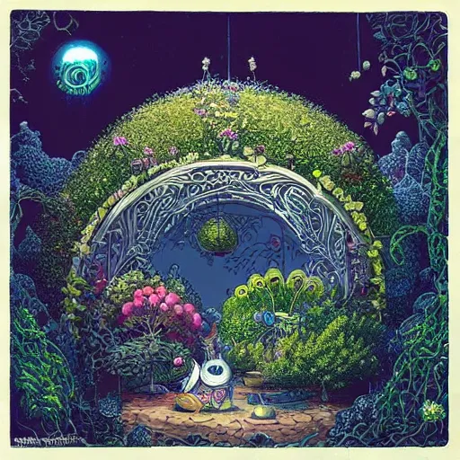 Image similar to a portal in a mysterious garden filled with spherical plants, artwork by Joe Fenton, trending on art station