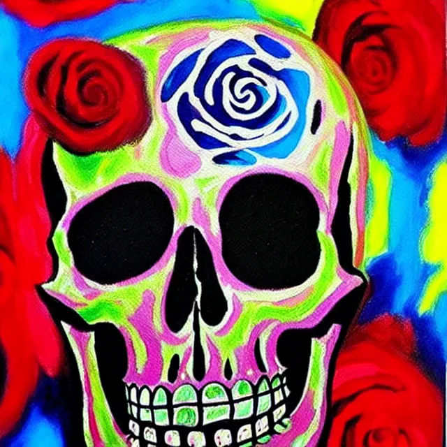 Image similar to a beautiful painting skull rose, by kusama miyama and jean michel basquiat realistic oil painting