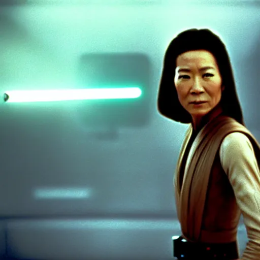 Prompt: portrait of michelle yeoh playing as luke sywalker in star wars ( 1 9 7 7 ) sharp focus, shallow depth of field, 4 k editorial photograph, cinematic lighting