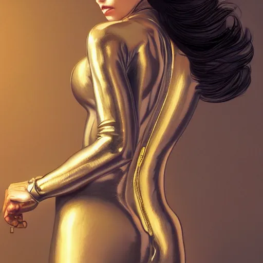 Image similar to portrait of charli d'amelio wearing a latex suit, intricate, elegant, highly detailed, digital painting, artstation, concept art, smooth, sharp focus, illustration, art by artgerm and greg rutkowski and alphonse mucha, 8 k