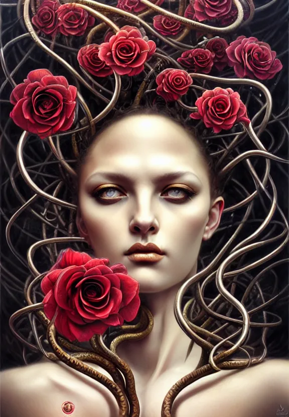 Image similar to , medusa, symmetrical portrait, realistic, full body, black rose, rich detail, by wlop, karol bak photo - grade