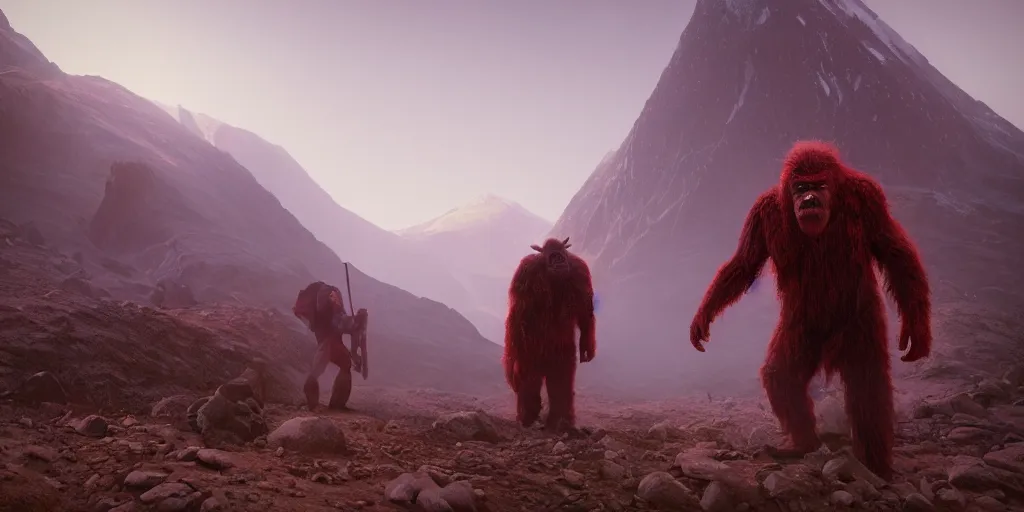 Image similar to the end is near. a tired yeti and bigfoot standing in the atlas mountains. face is highly detailed. splices of red are running down his toga. mist. color scheme red. low angle close shot. atmospheric. global illumination. unreal engine render. imagined by jeremy lipking