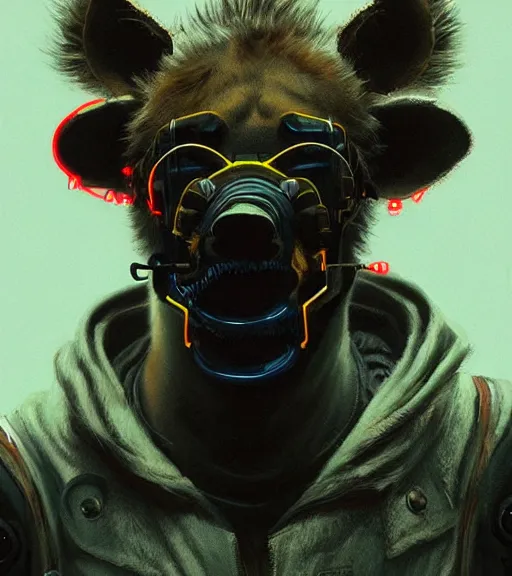 Image similar to new york city portrait of furry anthro anthropomorphic spotted hyena head animal person fursona wearing clothes strange cybernetic muzzle gloomy rainy screenshot from the video game cyberpunk 2077 digital art by Greg Rutkowski, Simon Stalenhag, christopher nolan trending on Artstation, CGSociety