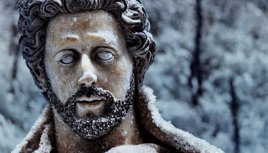 Prompt: 1 9 6 0 s movie still close up of marcus aurelius frozen to death in a blue cape with fur in a river with gravel, pine forests, cinestill 8 0 0 t 3 5 mm, high quality, heavy grain, high detail, texture, dramatic light, anamorphic, hyperrealistic, detailed hair