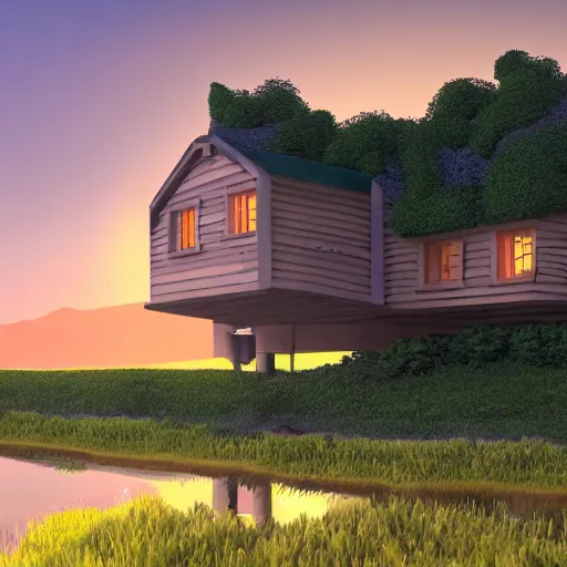 Prompt: a relaxing landscape with a singular house near a river at sunset in Pixar style