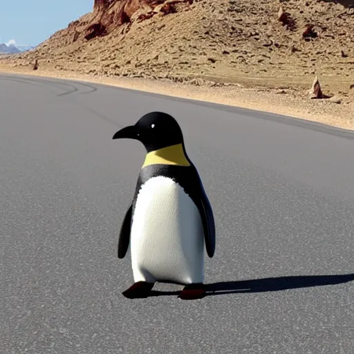 Prompt: A penguin wearing a leather jacket and sunglasses riding a motorcycle in the desert with stormy weather