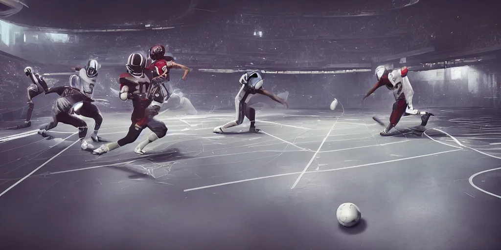 Image similar to ”player throwing the ball while being violently tackled, futuristic american football played on a metal floor in a closed arena with a chrome ball, [scifi, sports, retrofuturistic, ramps, painted lines on the floor, octane render, realistic, detailed, photography]”