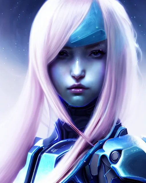 Image similar to perfect android girl family, full body character design, warframe armor, beautiful face, scifi, futuristic, galaxy, nebula, bae suzy, dreamy, long white hair!!!, blue cyborg eyes, sharp focus, cinematic lighting, highly detailed, artstation, divine, by gauthier leblanc, kazuya takahashi, huifeng huang