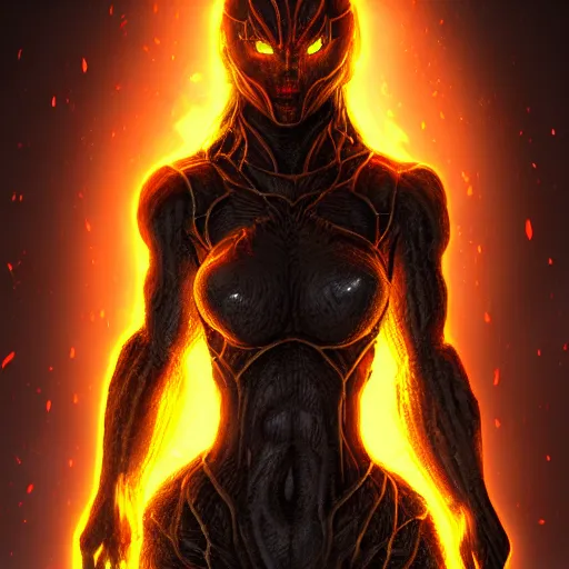 Image similar to dark art, Hot reptile humanoid woman, wearing armor, long red hair, glowing yellow eyes, burning world, futuristic, digital art, artstation, concept art, 4k, 8k