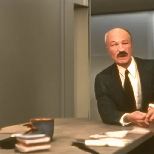 Prompt: film still, Martin Heidegger in American Psycho suits