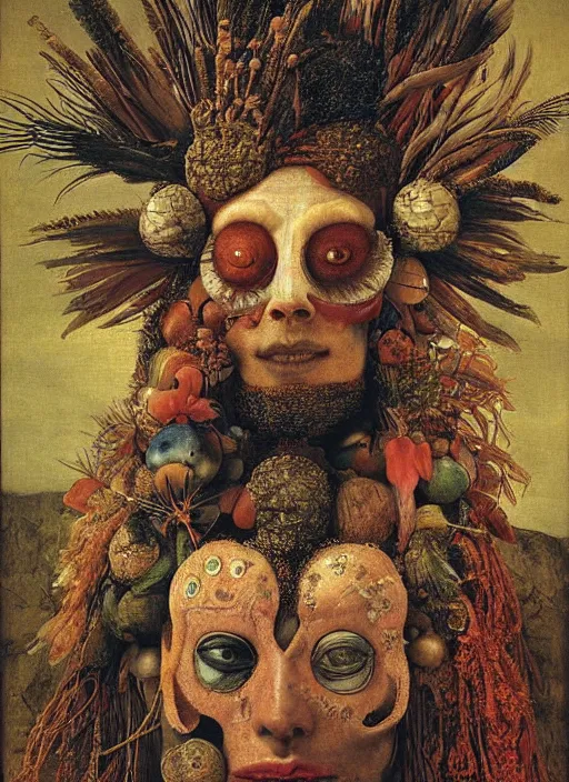 Prompt: a surreal painting of a radiant shaman's face, by Giuseppe Arcimboldo, symbolist, soft colors, dramatic lighting, smooth, sharp focus, extremely detailed, aesthetically pleasing composition